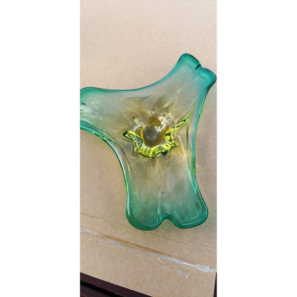 Unmarked Other - Green Yellow Swirl Art Glass Decorative Abstract Bowl Centerpiece